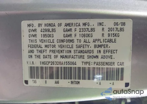 2008 Honda Accord 2.4 Lx from USA, damaged, VIN 1HGCP26328A155064